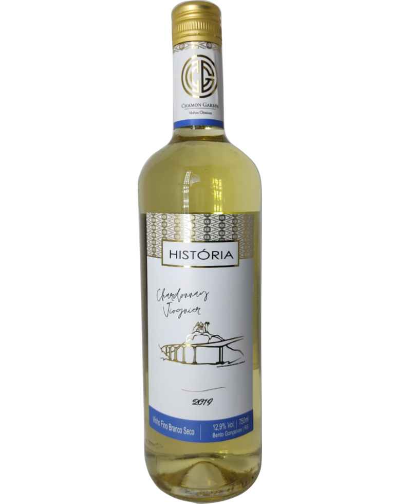 Garrafa de Vinho Branco Fino Seco Chardonnay e Viognier História Adega do Chamon
